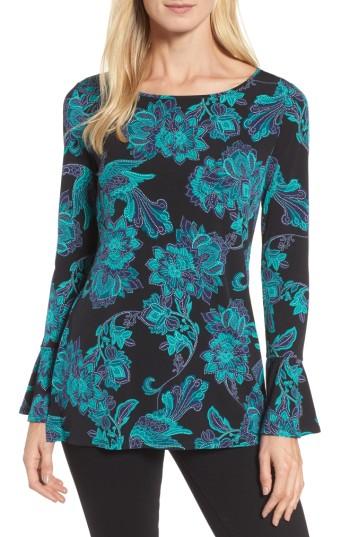 Women's Chaus Floral Trumpet Sleeve Top - Black