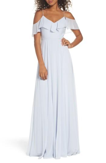 Women's Jenny Yoo Cold Shoulder Chiffon Gown - Blue