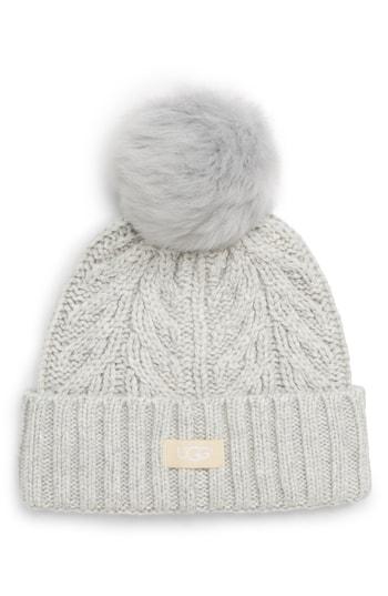 Women's Ugg Pompom Cable Genuine Shearling Beanie - Grey
