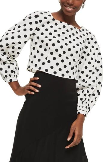 Women's Topshop Polka Dot Balloon Sleeve Crop Top Us (fits Like 0) - White
