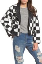 Women's Topshop Checkerboard Leather Moto Jacket Us (fits Like 0) - Black
