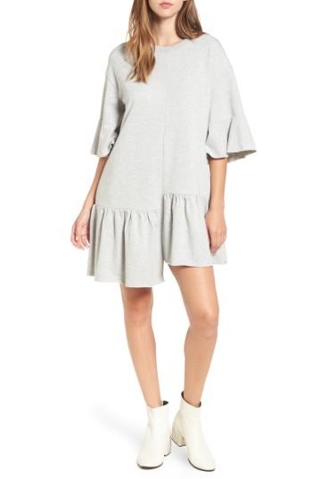 Women's Bp. Asymmetrical Flounce Hem Sweatshirt Dress - Grey