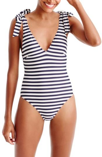 Women's J.crew Classic Stripe Tie Shoulder One-piece Swimsuit