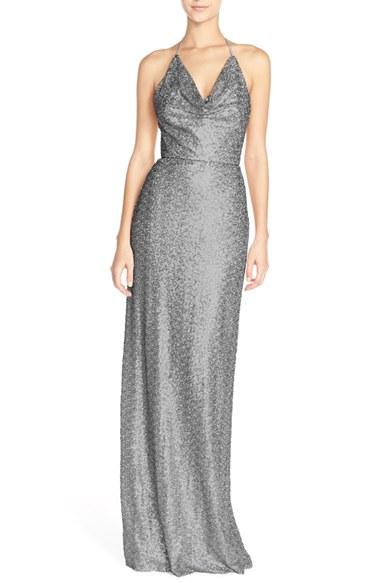 Women's Amsale 'honora' Draped Sequin Tulle Halter Gown - Grey