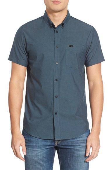 Men's Rvca 'that'll Do' Slim Fit Short Sleeve Oxford Shirt - Blue