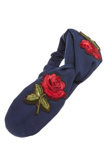 Cara Embroidered Rose Patch Twist Head Wrap, Size - Blue