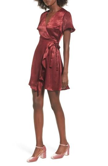 Women's Lush Satin Faux Wrap Dress - Burgundy