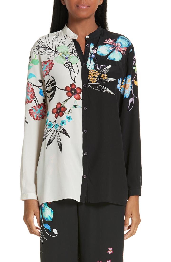 Women's Etro Bicolor Floral Print Silk Blouse Us / 38 It - White