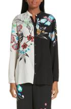 Women's Etro Bicolor Floral Print Silk Blouse Us / 38 It - White