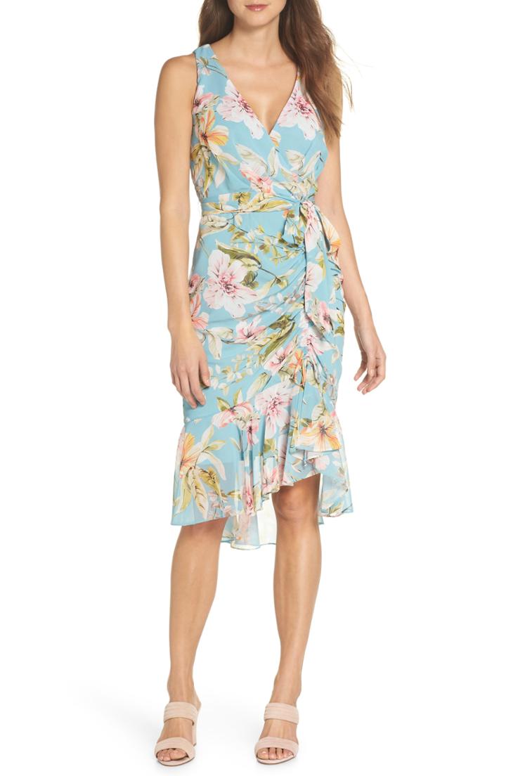 Women's Eliza J Floral Print Faux Wrap Midi Dress (similar To 14w) - Blue/green
