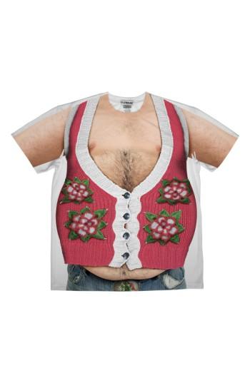Men's Faux Real Hairy Belly Poinsettia Short Sleeve Novelty T-shirt