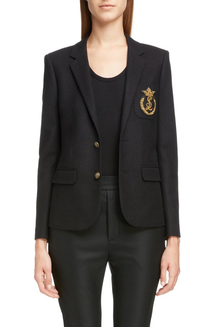 Women's Saint Laurent Crown Logo Patch Wool Blazer Us / 38 Fr - Black