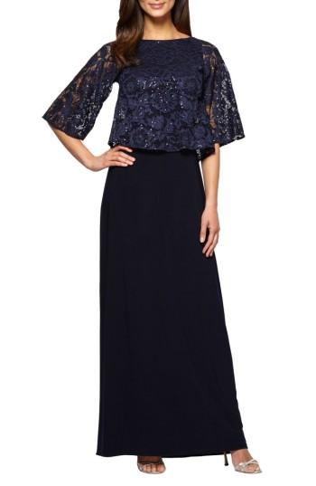 Women's Alex Evenings Sequin Lace Popover Gown - Blue