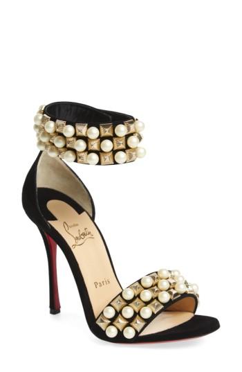 Women's Christian Louboutin 'tudor Bal' Embellished Cuff Sandal Us / 39eu - Black