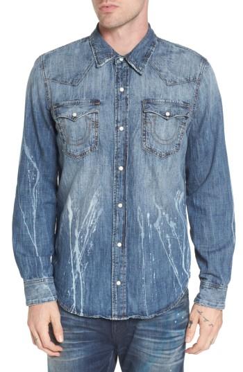 Men's True Religion Brand Jeans Ryan Runyon Rebel Short Sleeve Western Shirt, Size - Blue