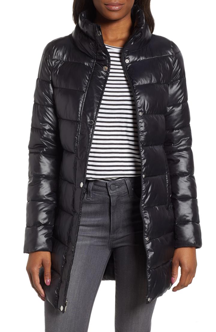 Women's Via Spiga Stand Collar Puffer Jacket - Black