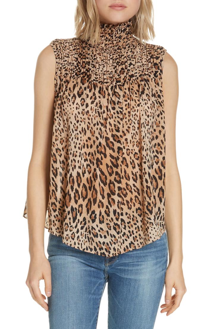 Women's Frame Leopard Print Smocked Silk Blouse - Brown