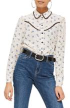 Women's Topshop Rodeo Embellished Floral Spot Shirt Us (fits Like 0) - Blue