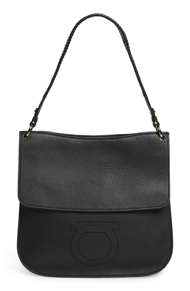Salvatore Ferragamo Pebbled Leather Hobo Bag - Black