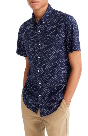 Men's J.crew Slim Fit Stretch Secret Wash Short Sleeve Daisy Print Sport Shirt, Size - Blue