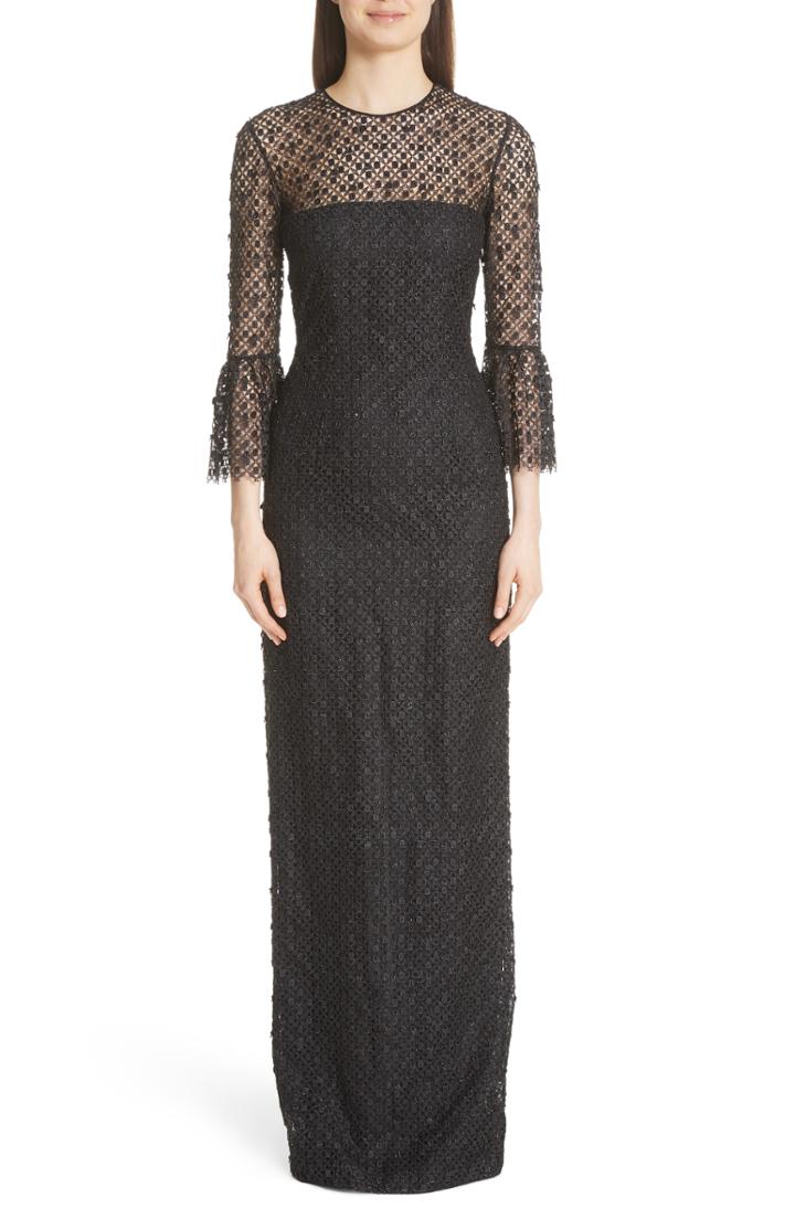 Women's Carmen Marc Valvo Couture Bell Sleeve Lace & Crystal Gown