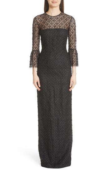 Women's Carmen Marc Valvo Couture Bell Sleeve Lace & Crystal Gown