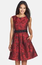 Women's Eliza J Embellished Waist Brocade Fit & Flare Dress - Red