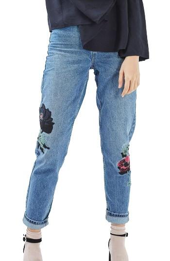 Women's Topshop Floral Embroidered Mom Jeans X 30 - Blue