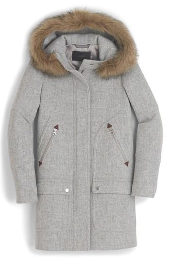 Women's J.crew Chateau Stadium Cloth Parka With Faux Fur Trim - Grey