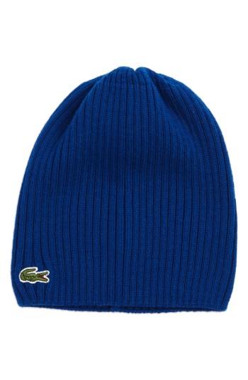 Men's Lacoste Rib Knit Wool Beanie - Blue