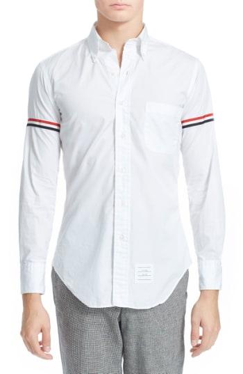 Men's Thom Browne Extra Trim Fit Grosgrain Sleeve Poplin Shirt