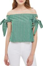 Women's Topshop Bardot Tie Sleeve Stripe Top Us (fits Like 0) - Green