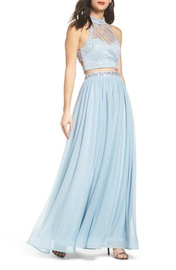 Women's Sequin Hearts Chemical Lace Two-piece Halter Gown - Blue