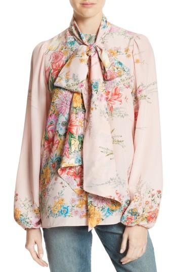Women's N?21 Floral Print Tie Neck Silk Shirt