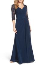 Women's La Femme Lace & Net Ruched Twist Front Gown - Blue