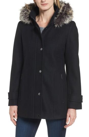 Women's London Fog Peacoat With Faux Fur Trim - Black
