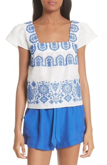Women's Milly Mykonos Embroidered Crop Square Neck Linen Top, Size - Blue