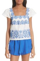 Women's Milly Mykonos Embroidered Crop Square Neck Linen Top, Size - Blue