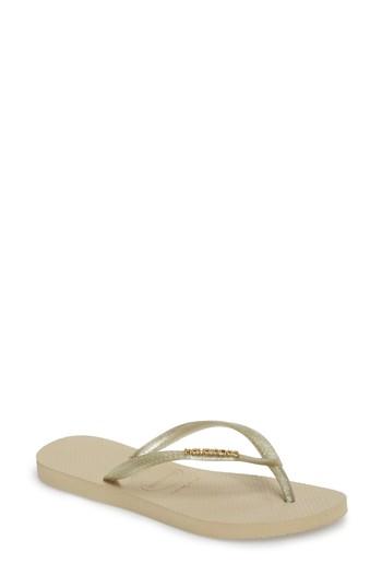 Women's Havaianas 'slim Logo' Metallic Flip Flop /36 Br - Beige