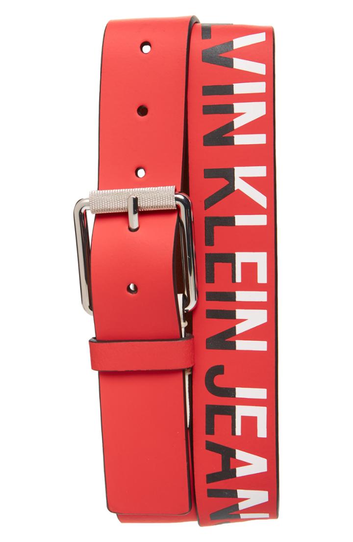 Men's Calvin Klein Logo Leather Belt - Tomato
