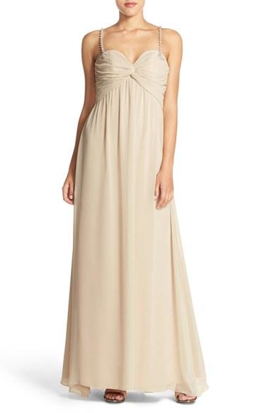 Women's Hayley Paige Occasions Beaded Strap Sweetheart Neckline Chiffon A-line Gown - Beige