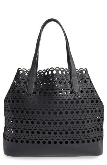 Street Level Perforated Faux Leather Tote With Pouch - Black