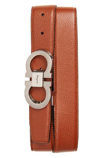 Men's Salvatore Ferragamo Etched Double Gancini Leather Belt - Brown