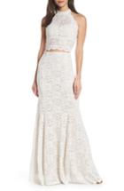 Women's Sequin Hearts Glitter Lace Two-piece Gown - Beige