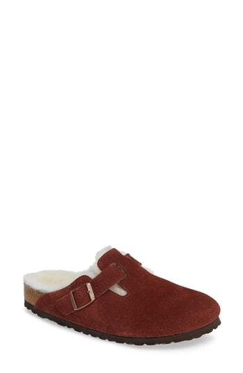 Women's Birkenstock 'boston' Genuine Shearling Lined Clog -8.5us / 39eu B - Burgundy