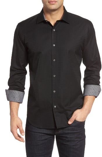 Men's Bugatchi Shaped Fit Houndstooth Sport Shirt - Black