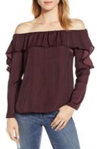 Women's 1.state Hammered Satin Off The Shoulder Ruffle Blouse - Burgundy