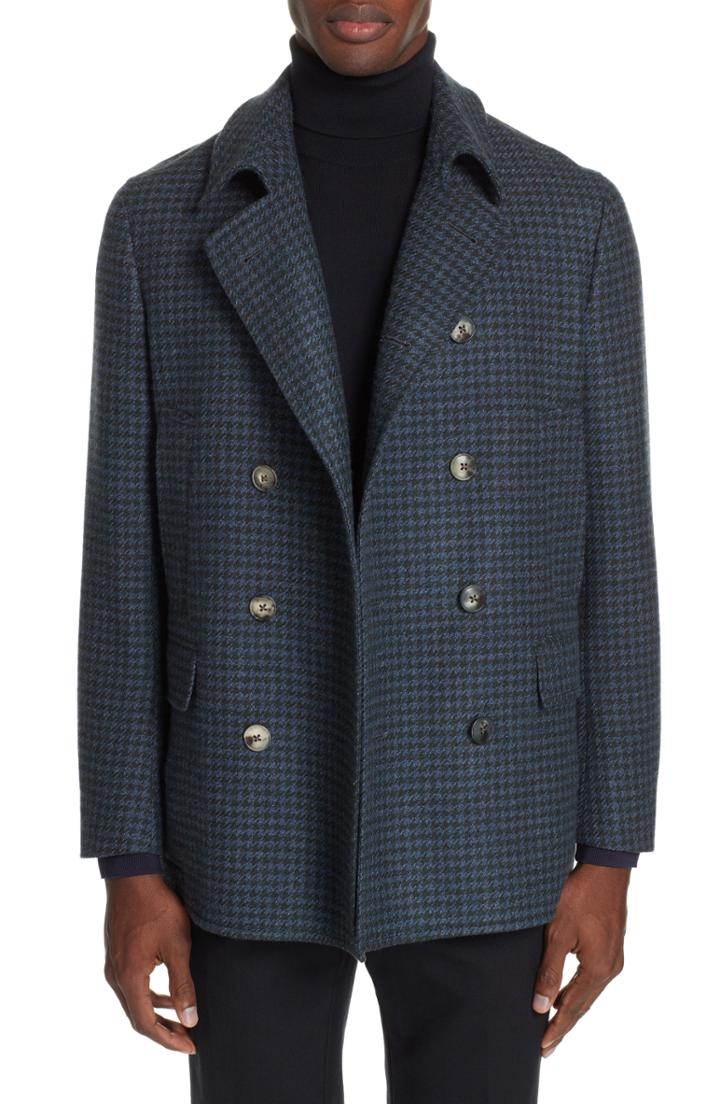 Men's Boglioli Trim Fit Double Breasted Houndstooth Wool Coat Us / 50 Eu R - Green