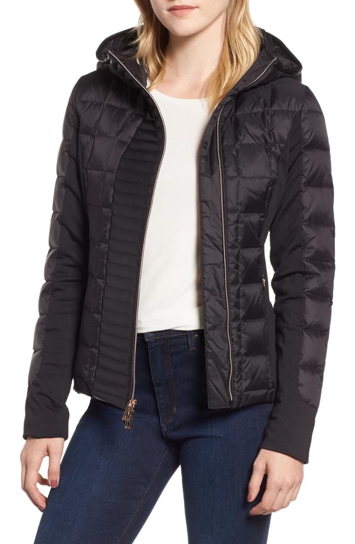 Women's Marc New York Hybrid Faux Leather Quilted Hooded Jacket - Black