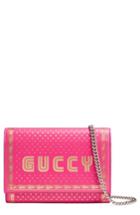Women's Gucci Guccy Logo Moon & Stars Leather Wallet On A Chain - Pink